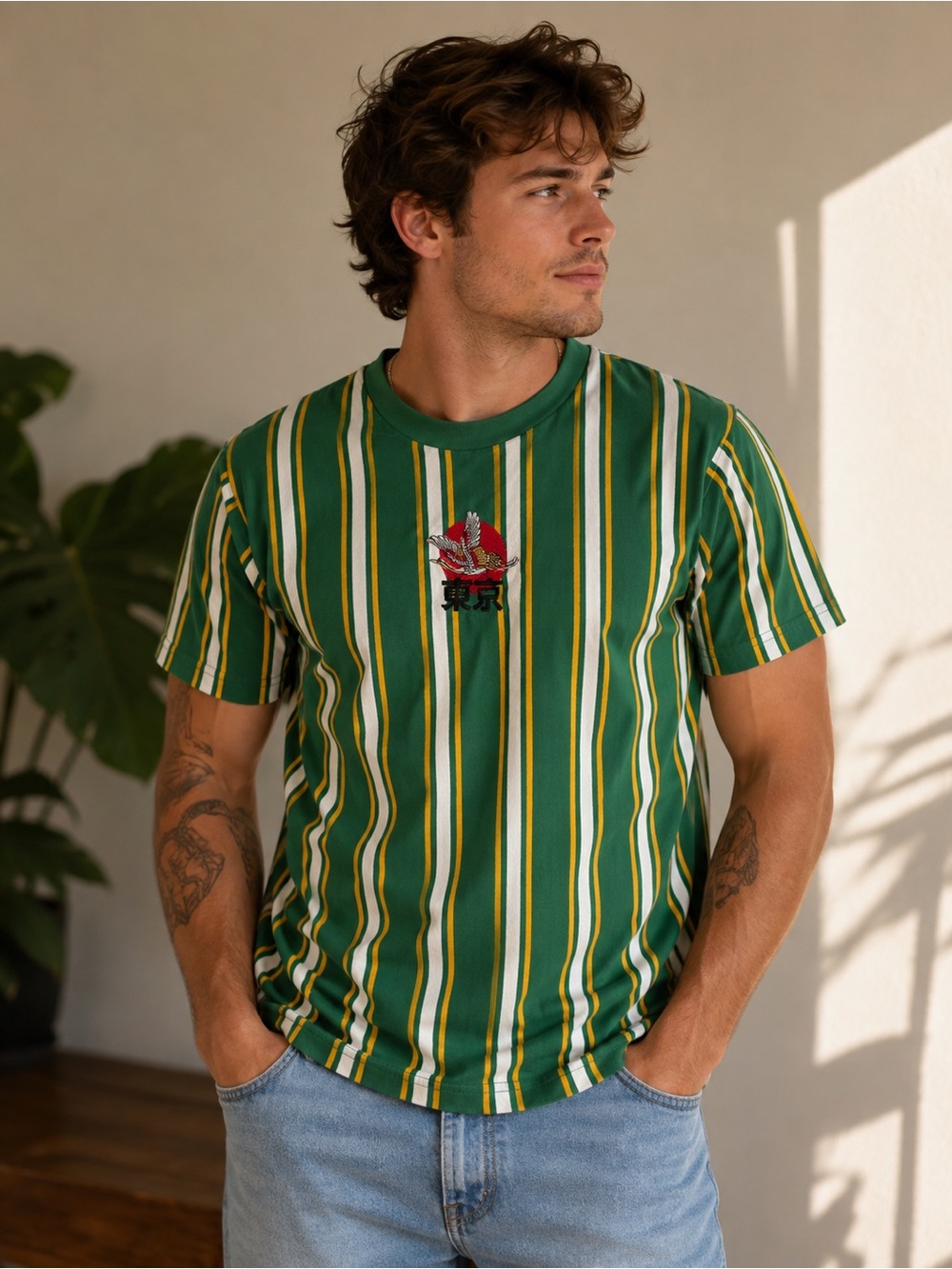 VSTR Green Striped Short Sleeve Tee with Chest Crest